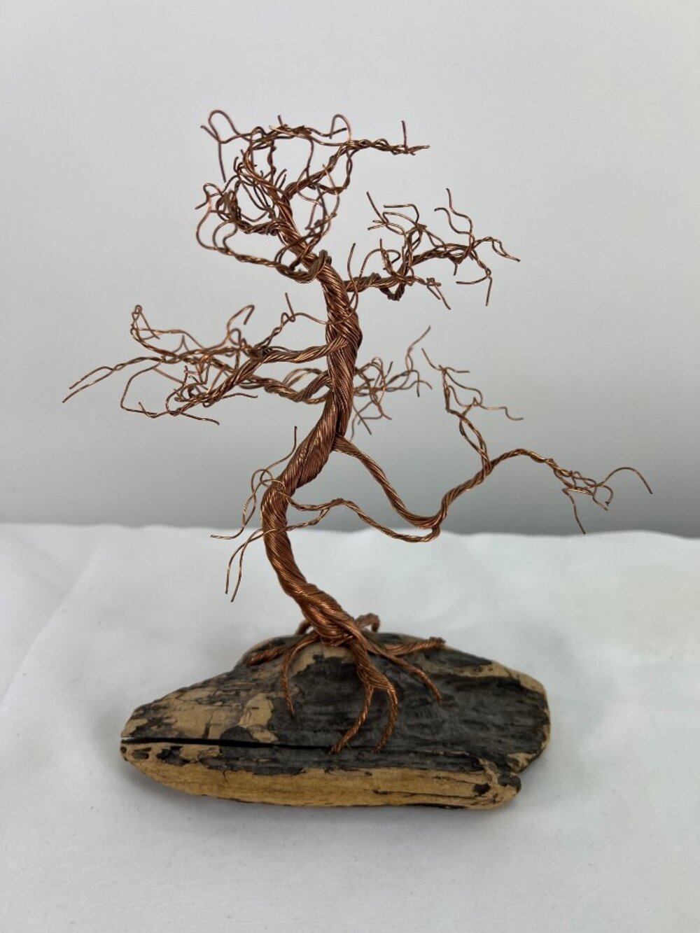 VTG Twisted Copper wire Bonsai on driftwood Signed 1975